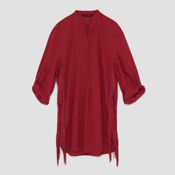 Zara Oversize Tunic With Western Side Fringe In Red Cotton Poplin Size XS EUC - Picture 5 of 15